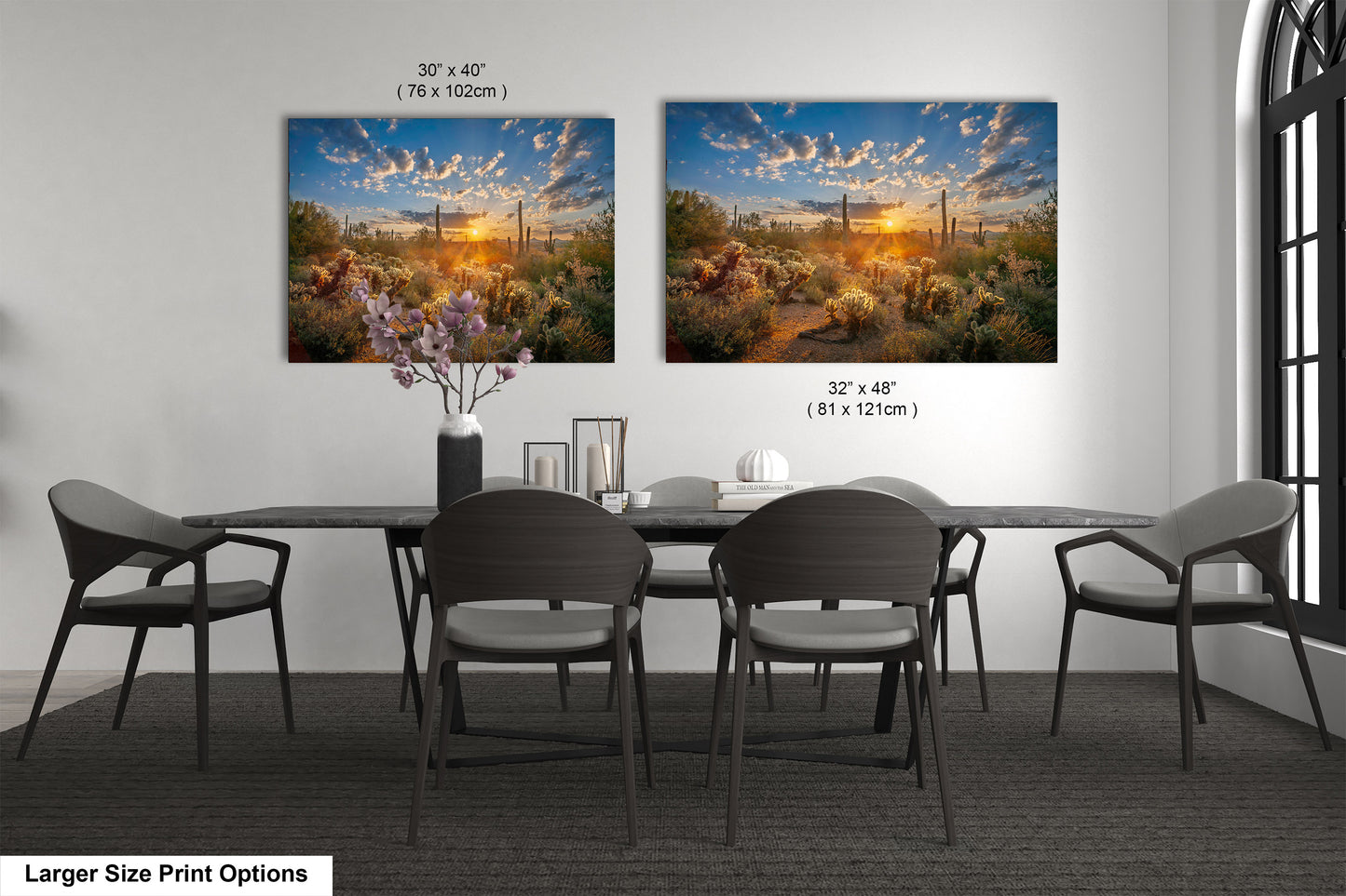 Sonoran Desert Sunrise, Carefree Arizona, backlit saguaro cactus and cholla cactus, Photography wall art