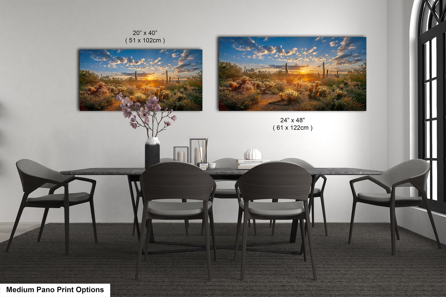 Sonoran Desert Sunrise, Carefree Arizona, backlit saguaro cactus and cholla cactus, Photography wall art