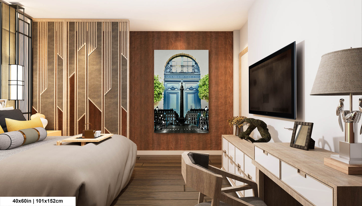 Paris Blue at Place Vendome, Iconic Obelisk, Elegant Blue Doors with Symmetrical Boxwood Greenery, Paris, France Photo Blend