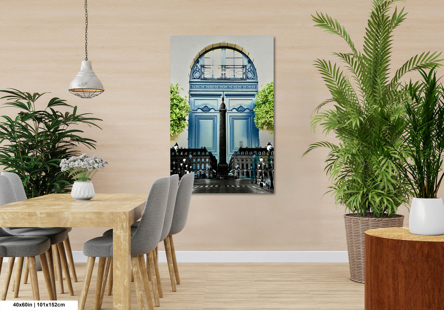 Paris Blue at Place Vendome, Iconic Obelisk, Elegant Blue Doors with Symmetrical Boxwood Greenery, Paris, France Photo Blend