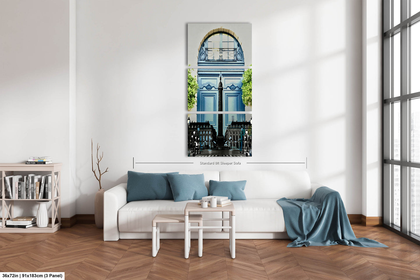 Paris Blue at Place Vendome, Iconic Obelisk, Elegant Blue Doors with Symmetrical Boxwood Greenery, Paris, France Photo Blend