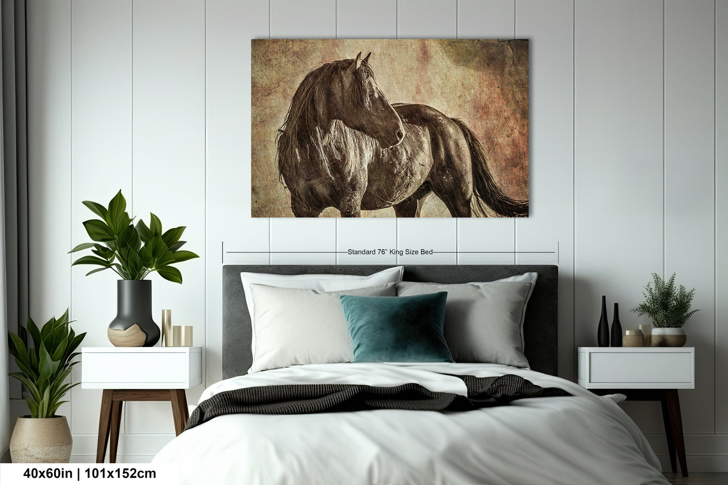 a bedroom with a large painting of a horse on the wall