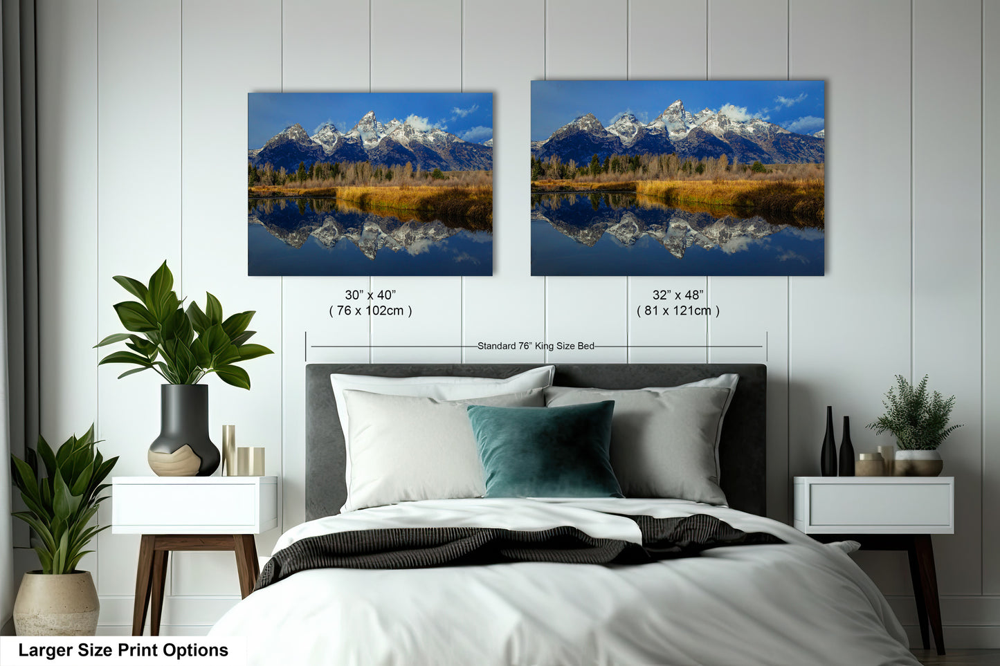 a bedroom with a bed and two pictures on the wall