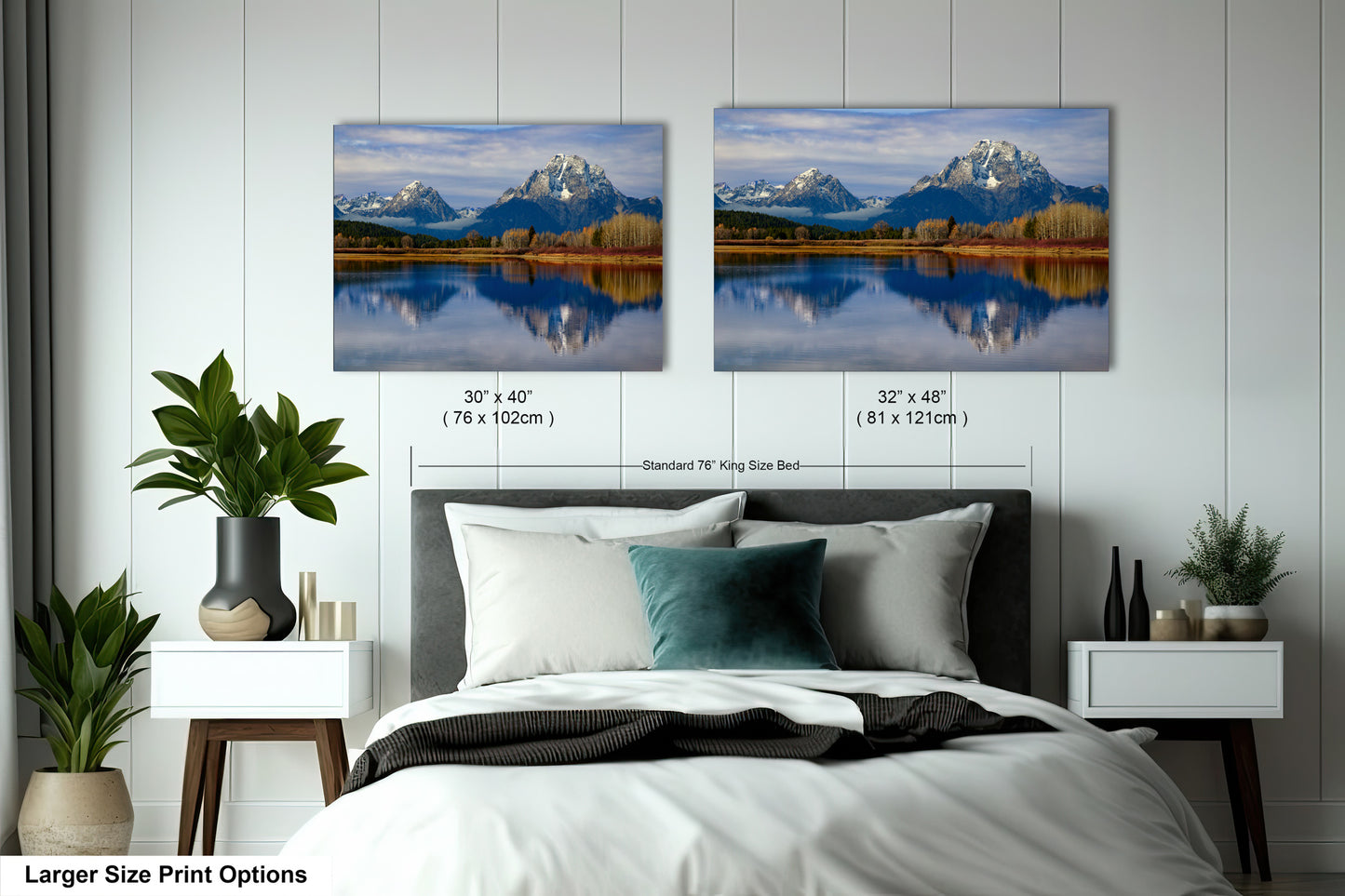 a bedroom with a bed and two pictures on the wall