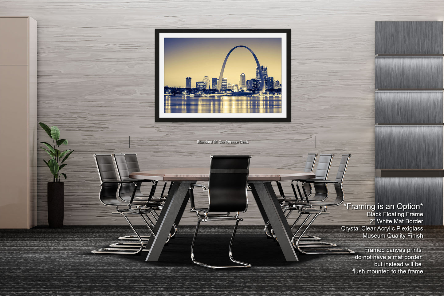 a dining room table with chairs and a picture of the st louis skyline
