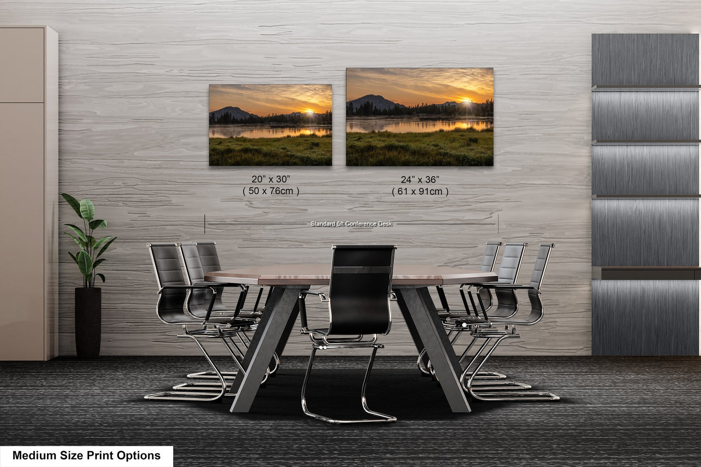 a dining room table with chairs and two pictures on the wall