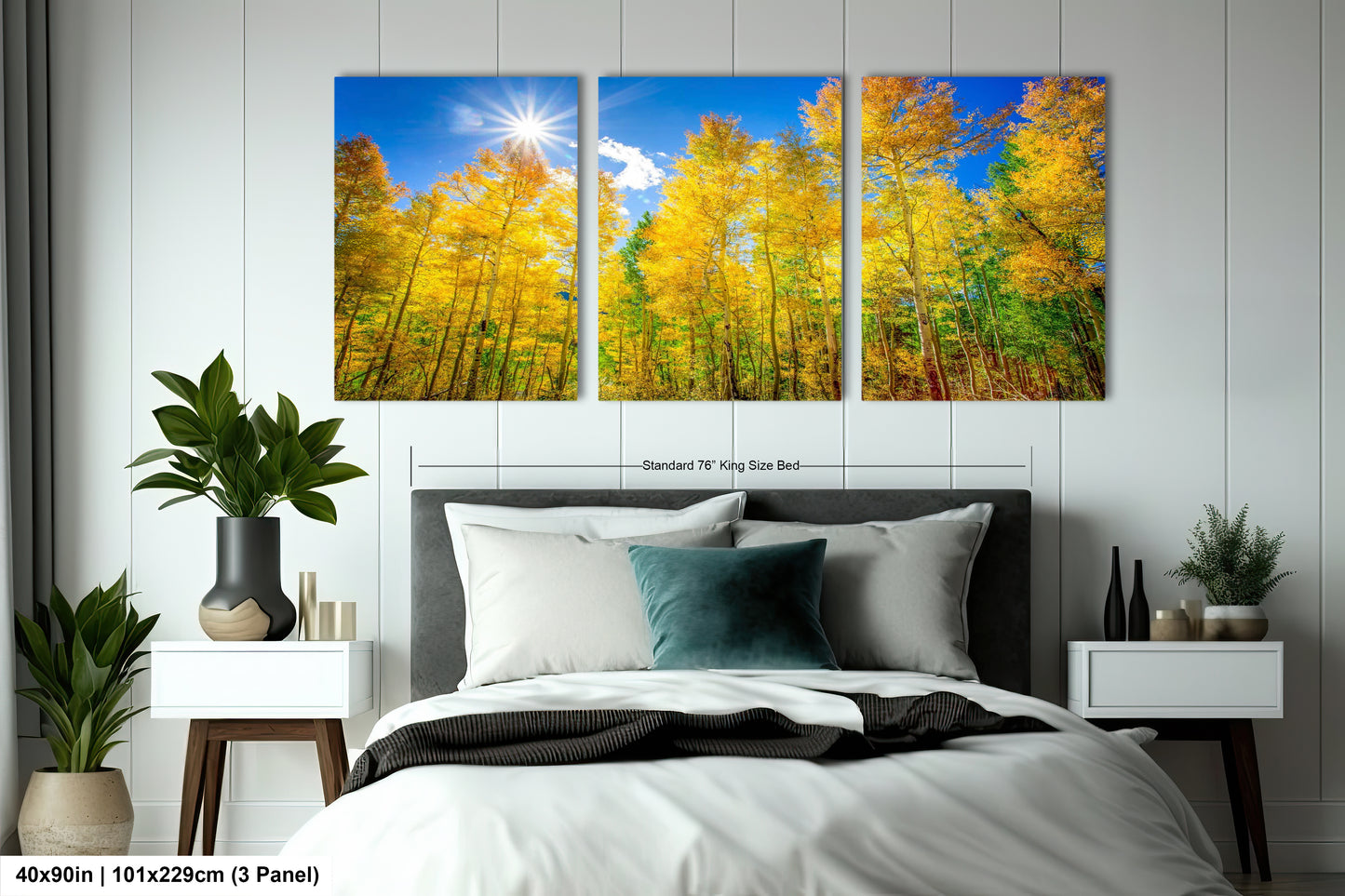 a bedroom scene with a bed and two paintings