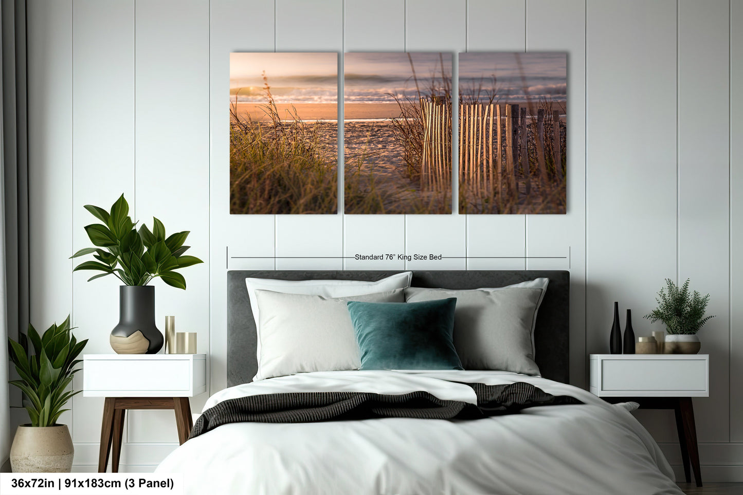 a bedroom scene with focus on the bed and the ocean