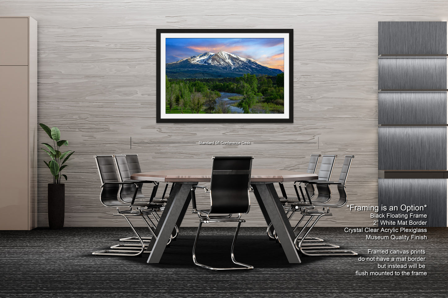 a dining room table with a view of a mountain