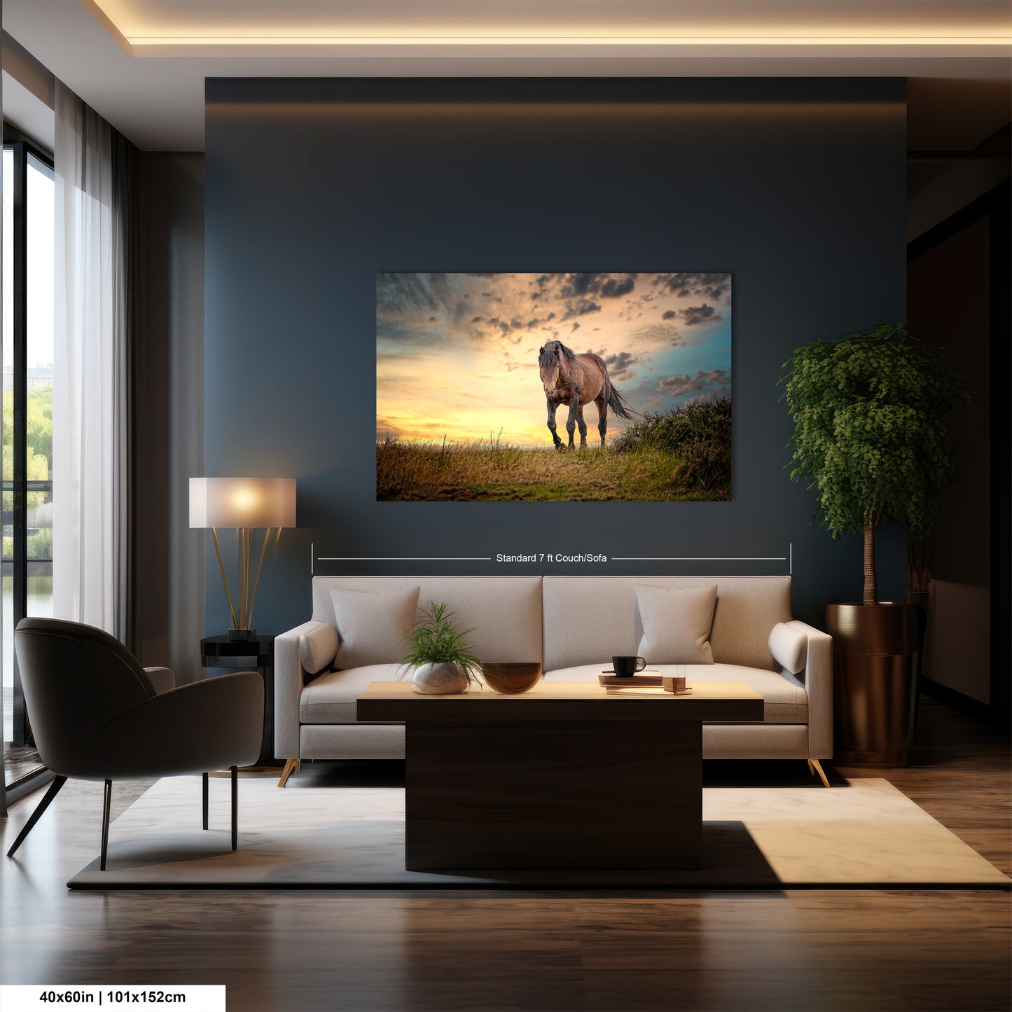 a living room scene with a horse on the wall