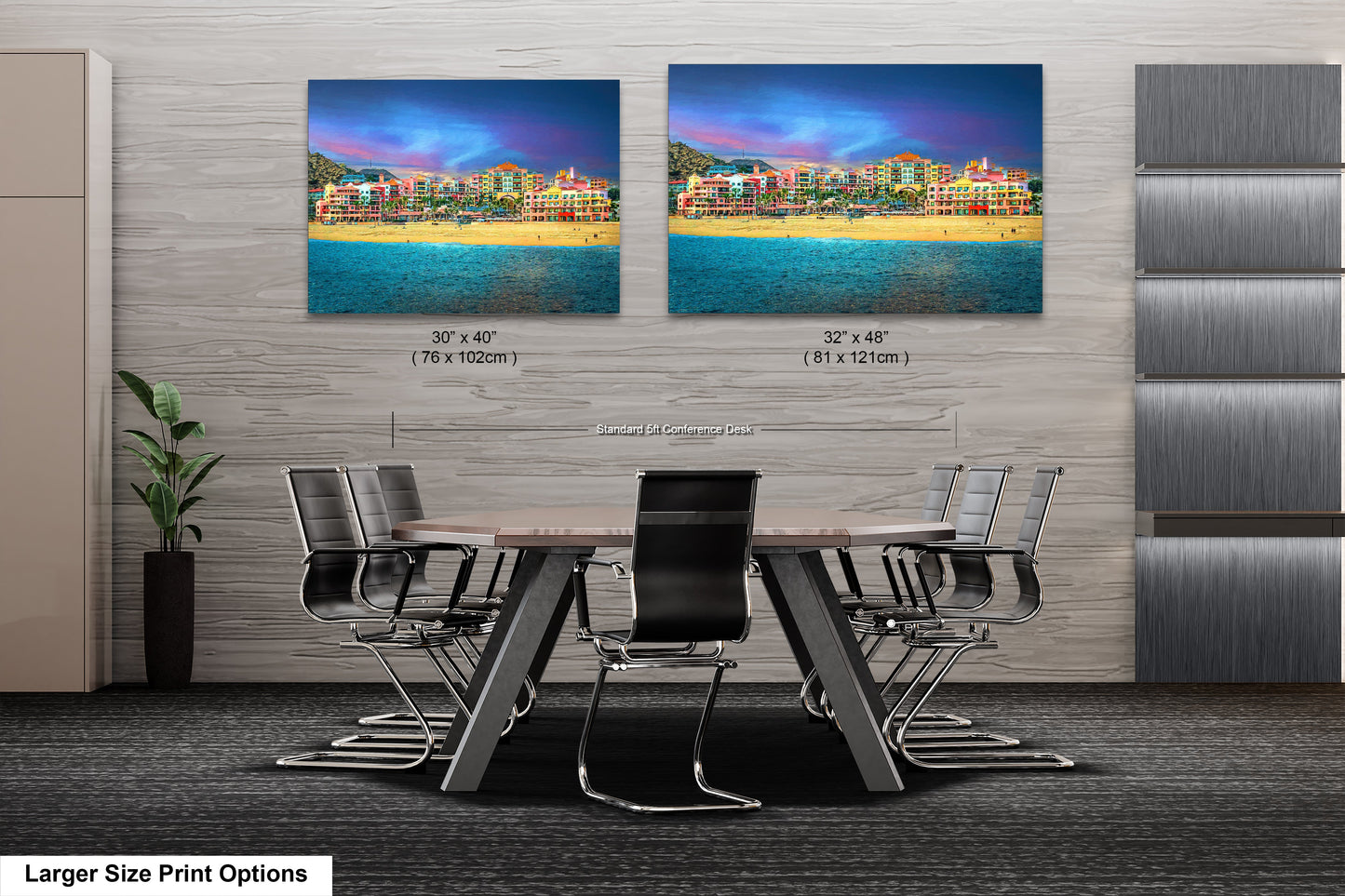 a dining room table with chairs and two pictures on the wall