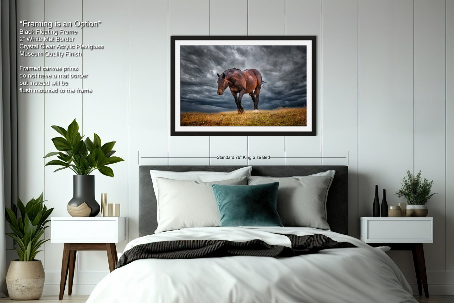a bedroom with a bed and a picture of a horse