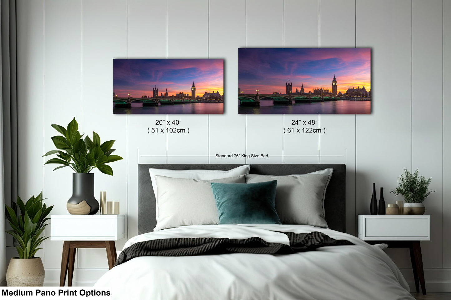 a bedroom with a bed and two pictures on the wall