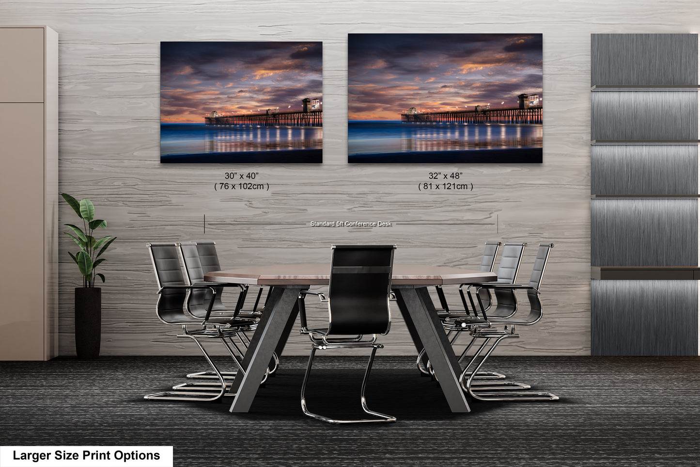 a dining room table with chairs in front of two pictures of a pier
