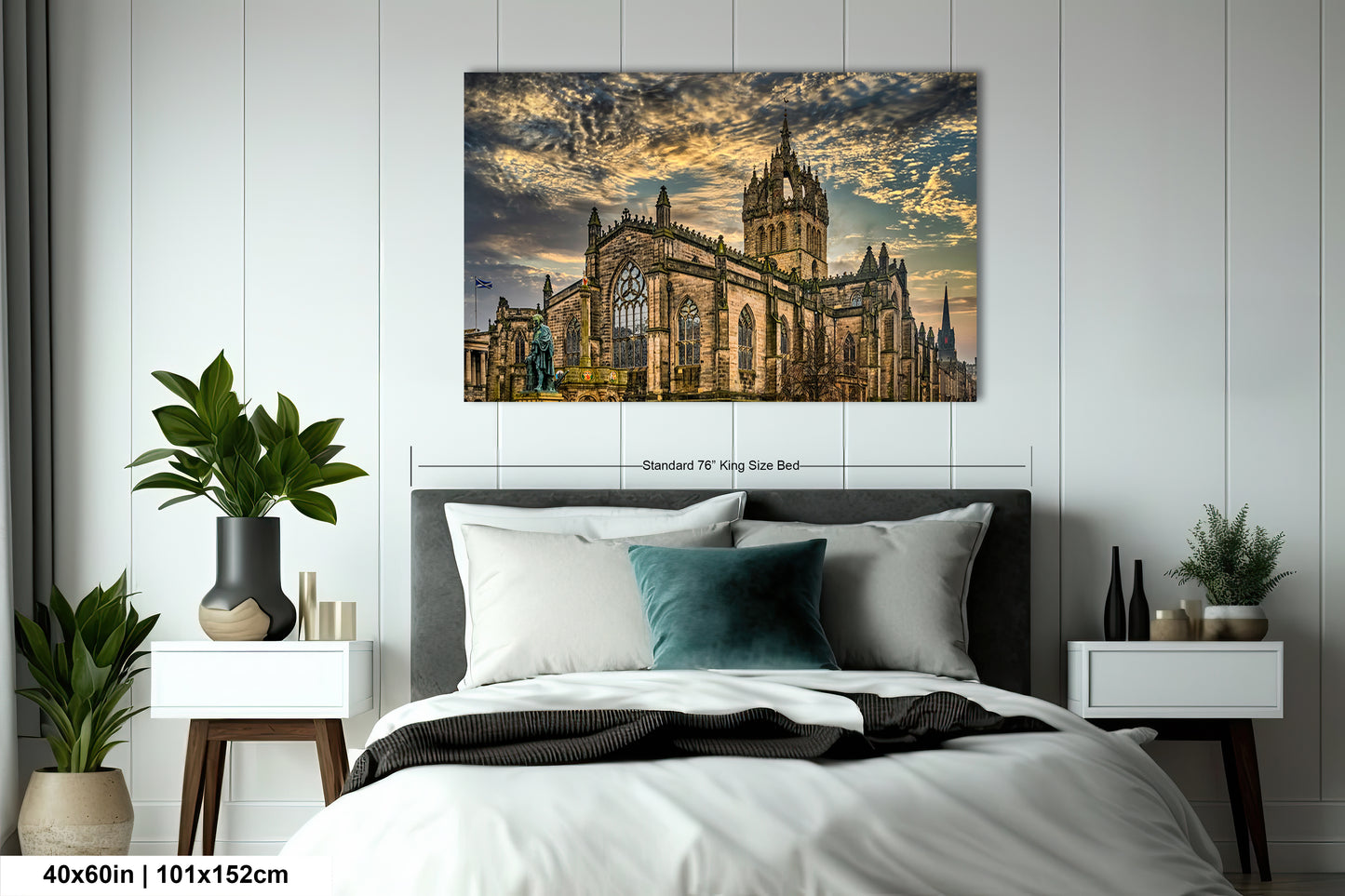 a bedroom with a large bed and a painting on the wall
