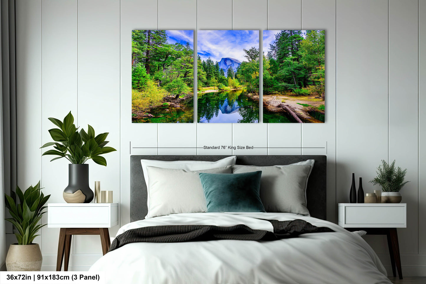 a bedroom scene with a bed and two paintings on the wall