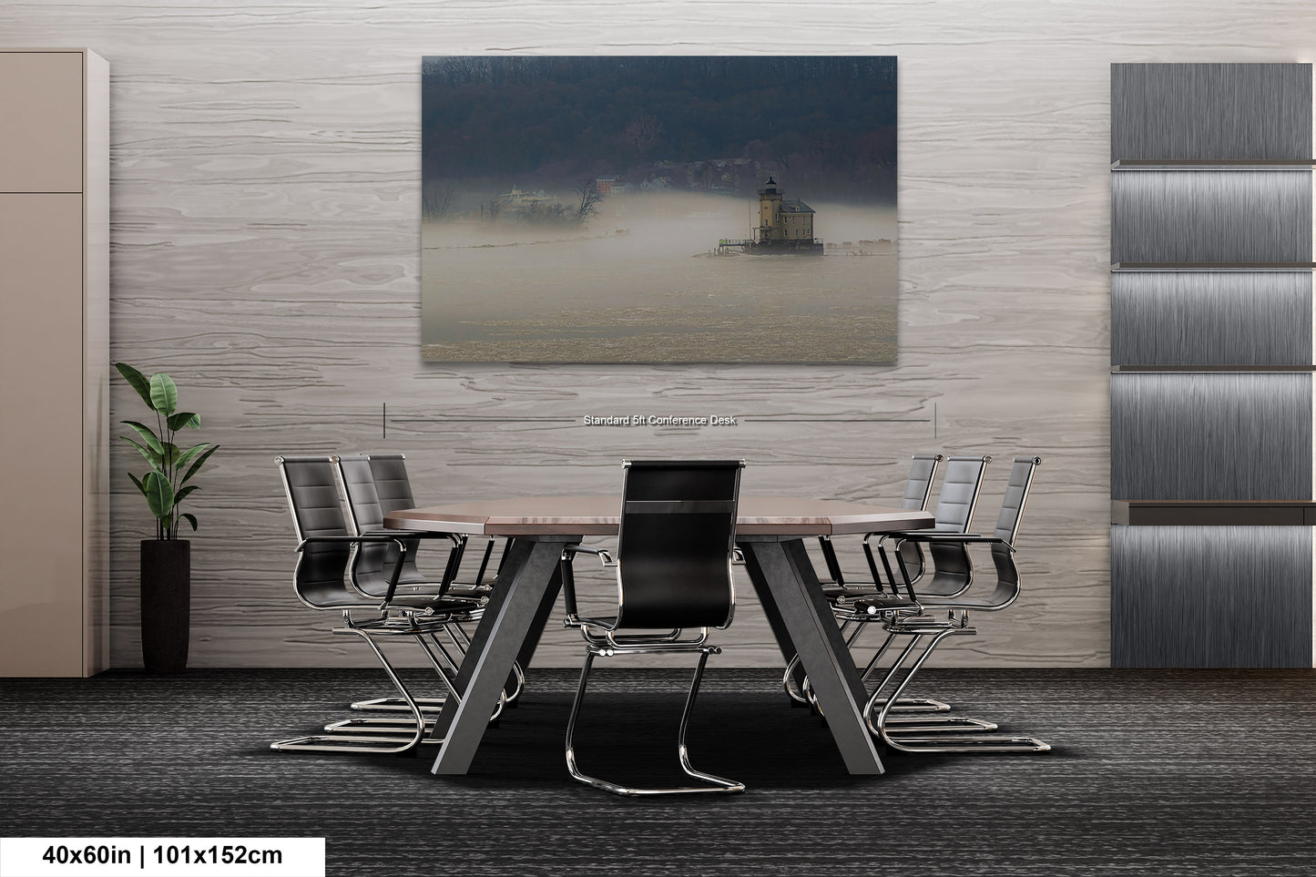 a room with a table and chairs and a painting on the wall