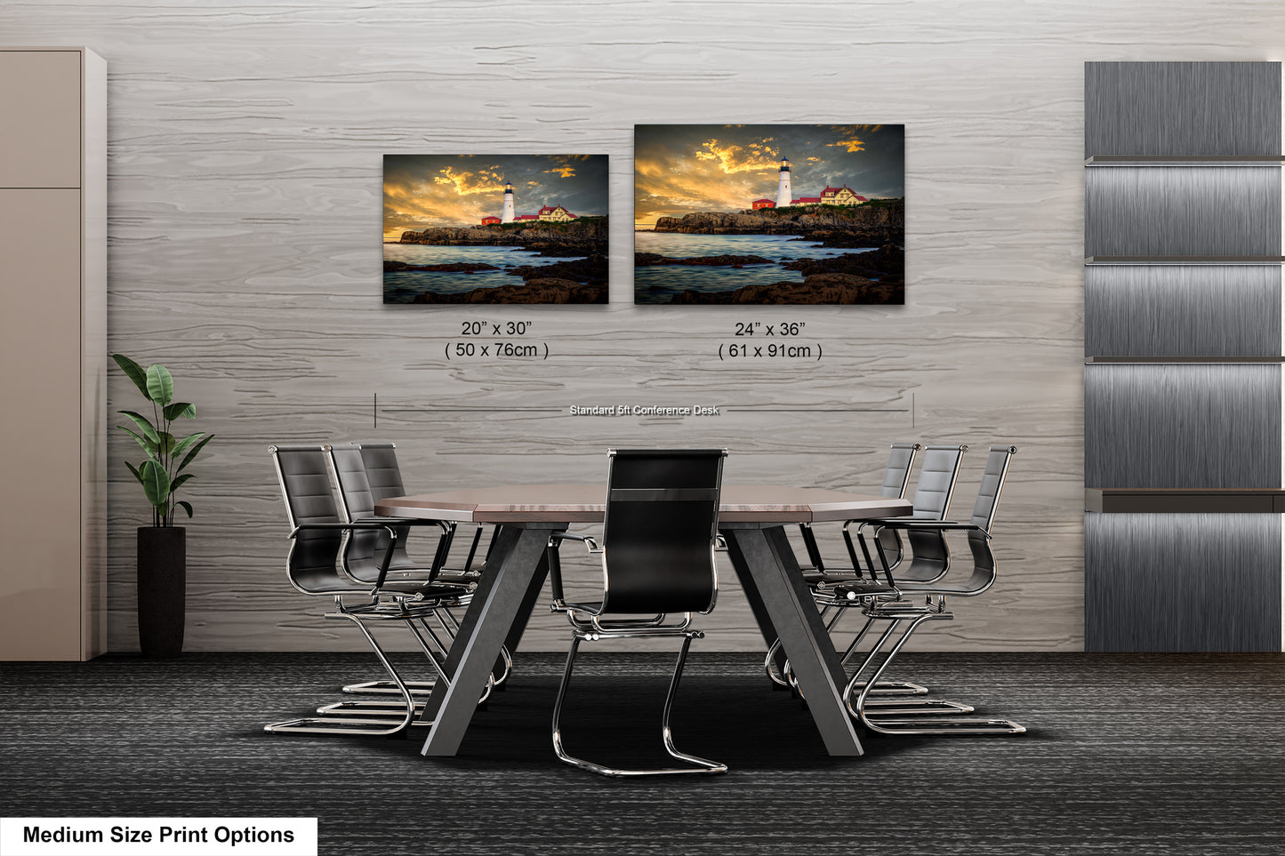 a dining room table with chairs and a picture of a lighthouse