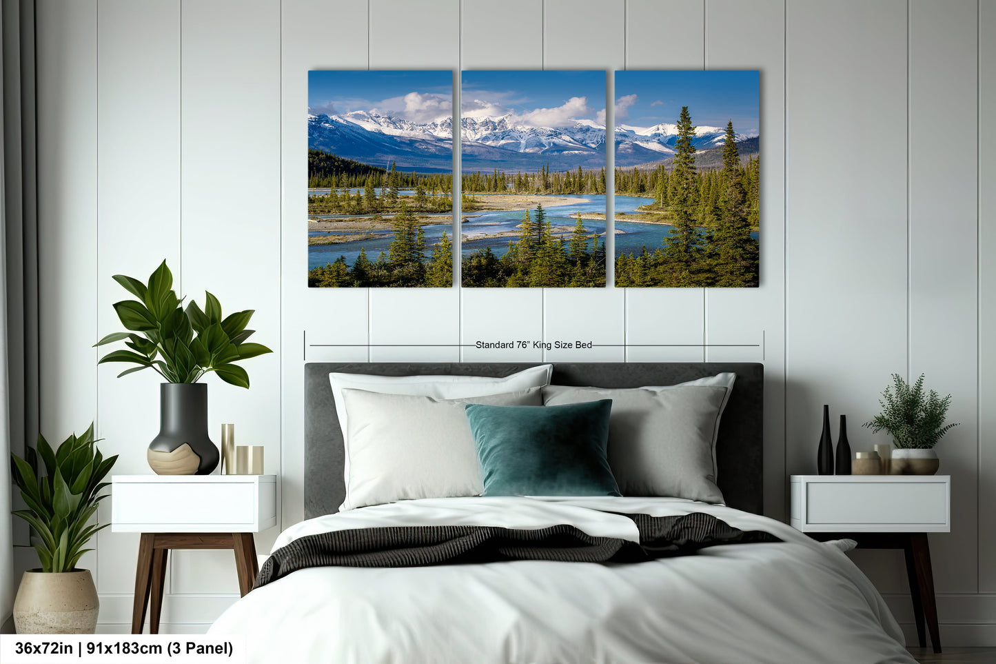 a bedroom scene with a bed and two paintings on the wall