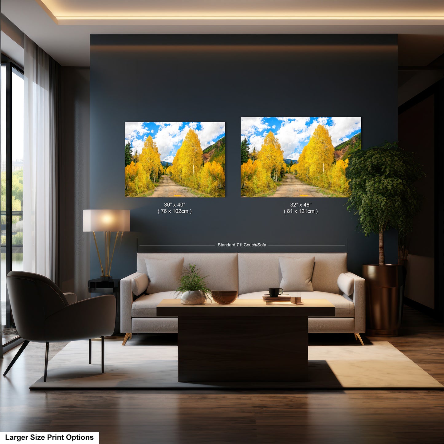 a living room filled with furniture and a painting on the wall