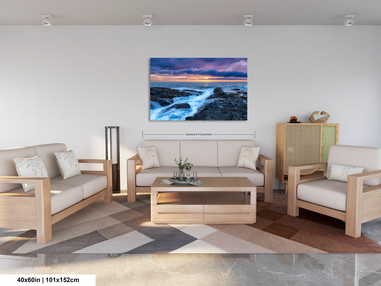 a living room filled with furniture and a painting on the wall