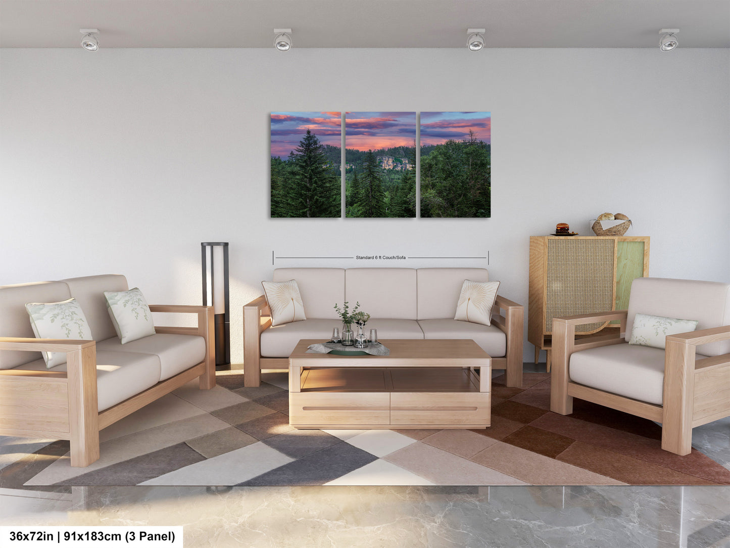 a living room filled with furniture and a painting on the wall