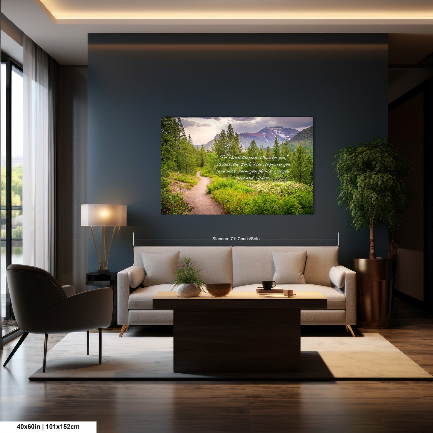 a living room with a large picture on the wall