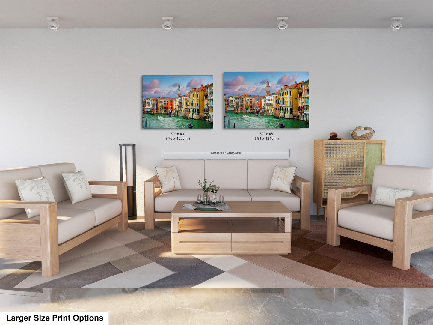 a living room filled with furniture and a painting on the wall
