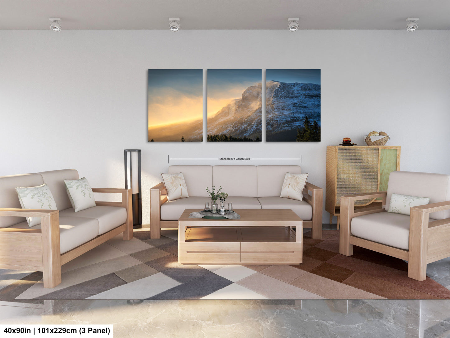 a living room filled with furniture and a painting on the wall