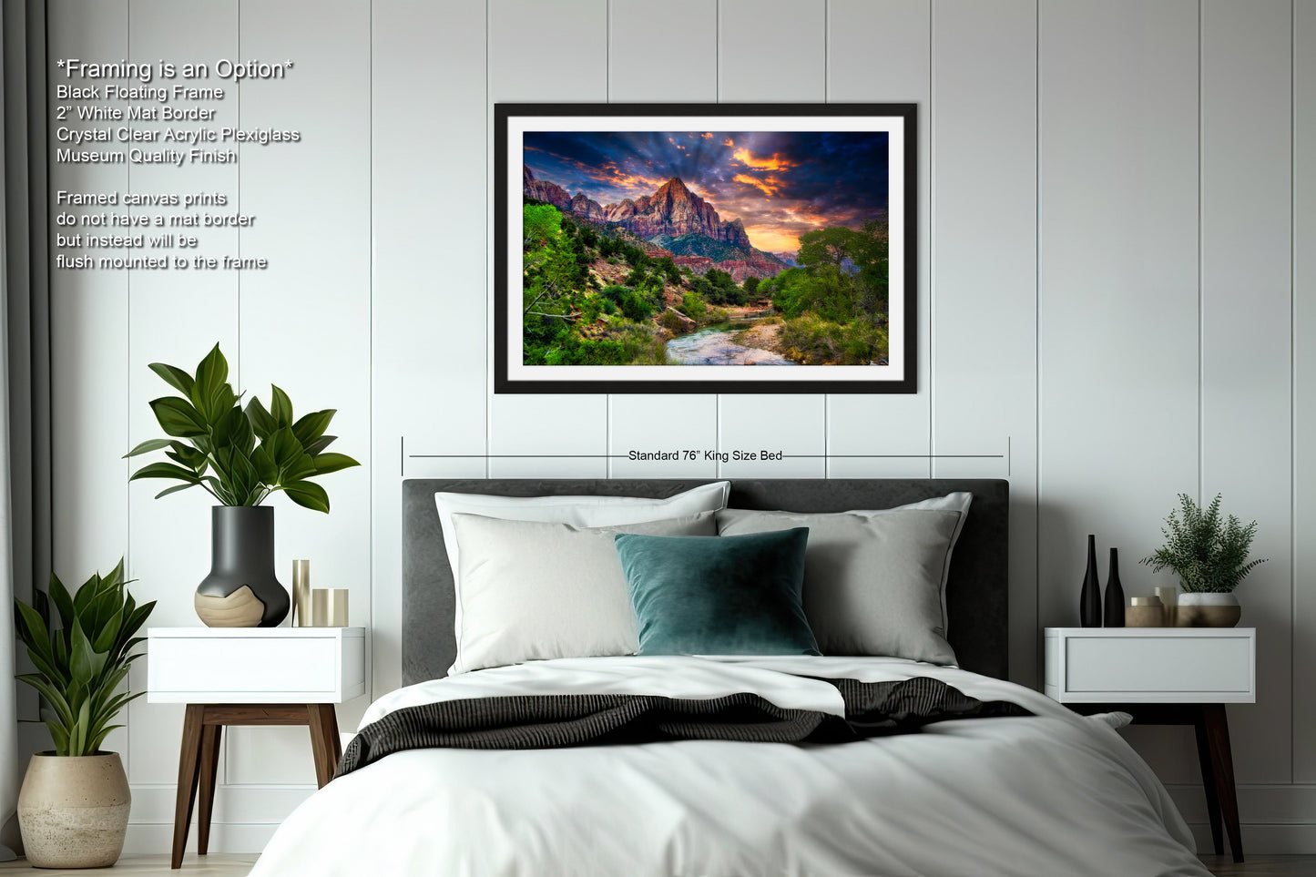a bedroom with a large bed and a painting on the wall