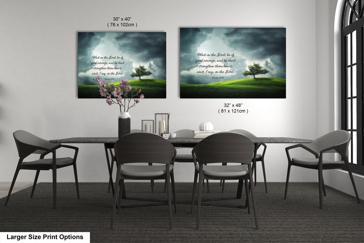 a dining room table with four chairs and a vase with flowers