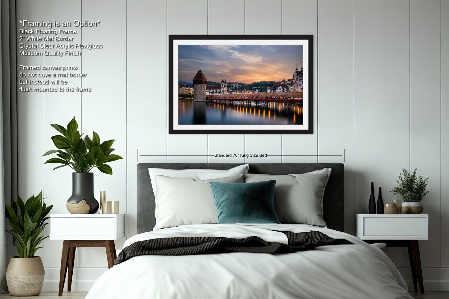 a bedroom with a bed and a picture hanging above it