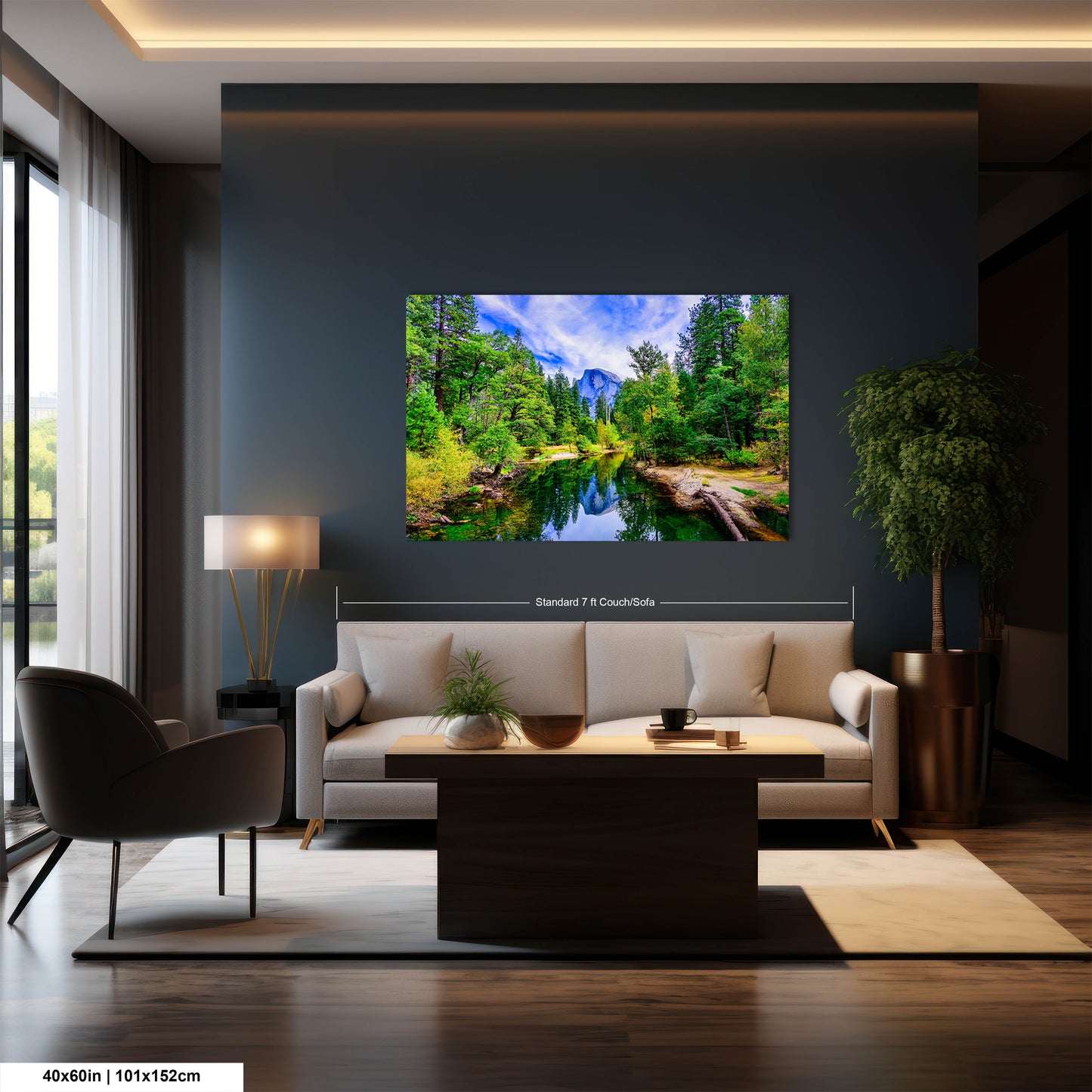a living room with a couch and a painting on the wall