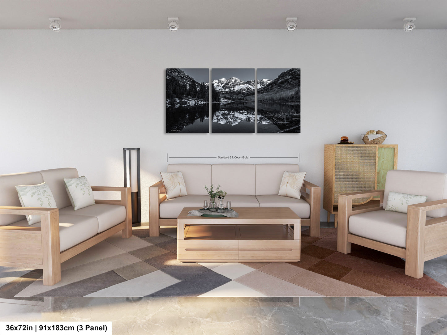 a living room filled with furniture and a painting on the wall