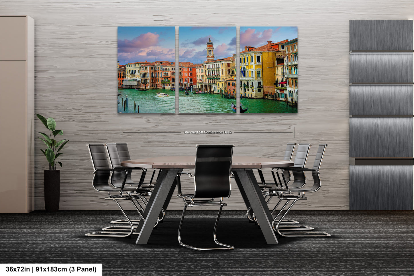 a dining room table with chairs and paintings on the wall