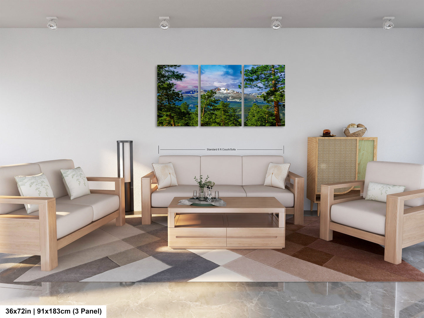 a living room filled with furniture and a painting on the wall