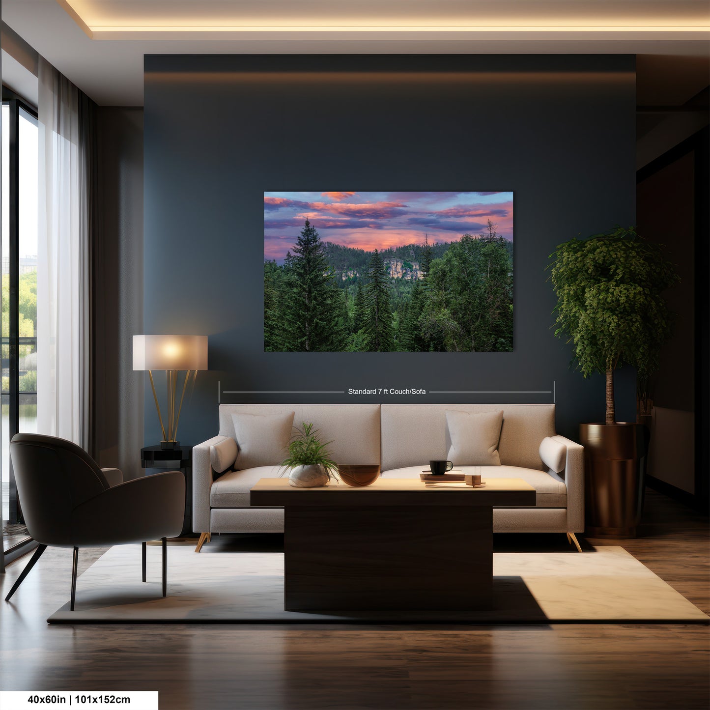 a living room filled with furniture and a painting on the wall