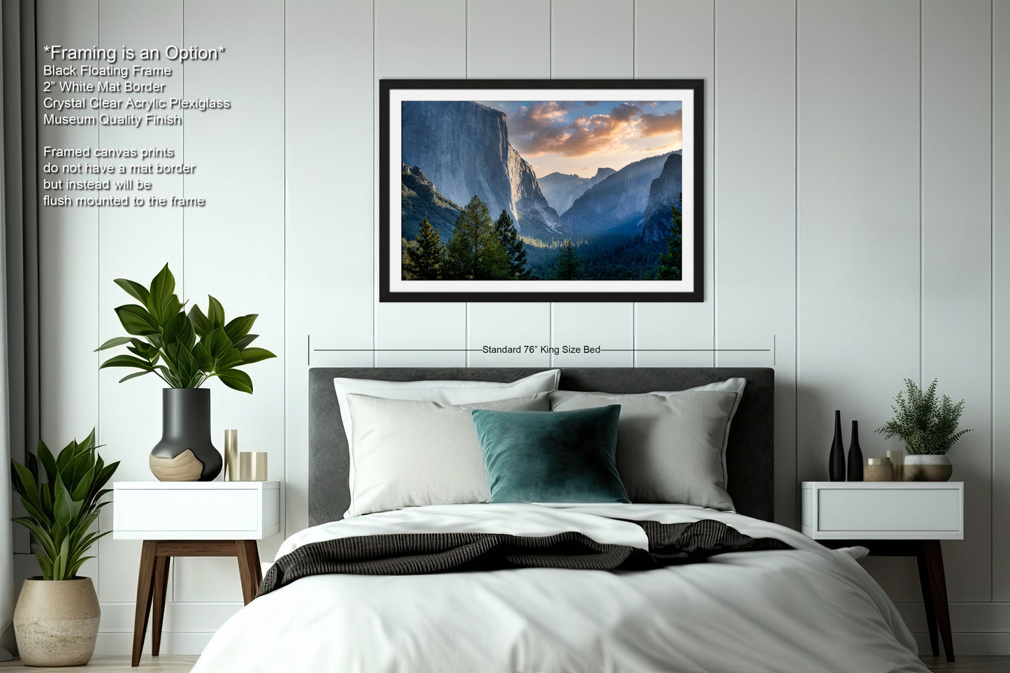 a bedroom with a bed and a picture hanging on the wall