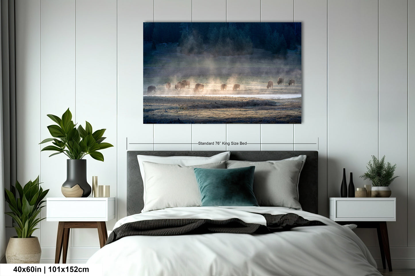 a bedroom with a bed and a painting on the wall