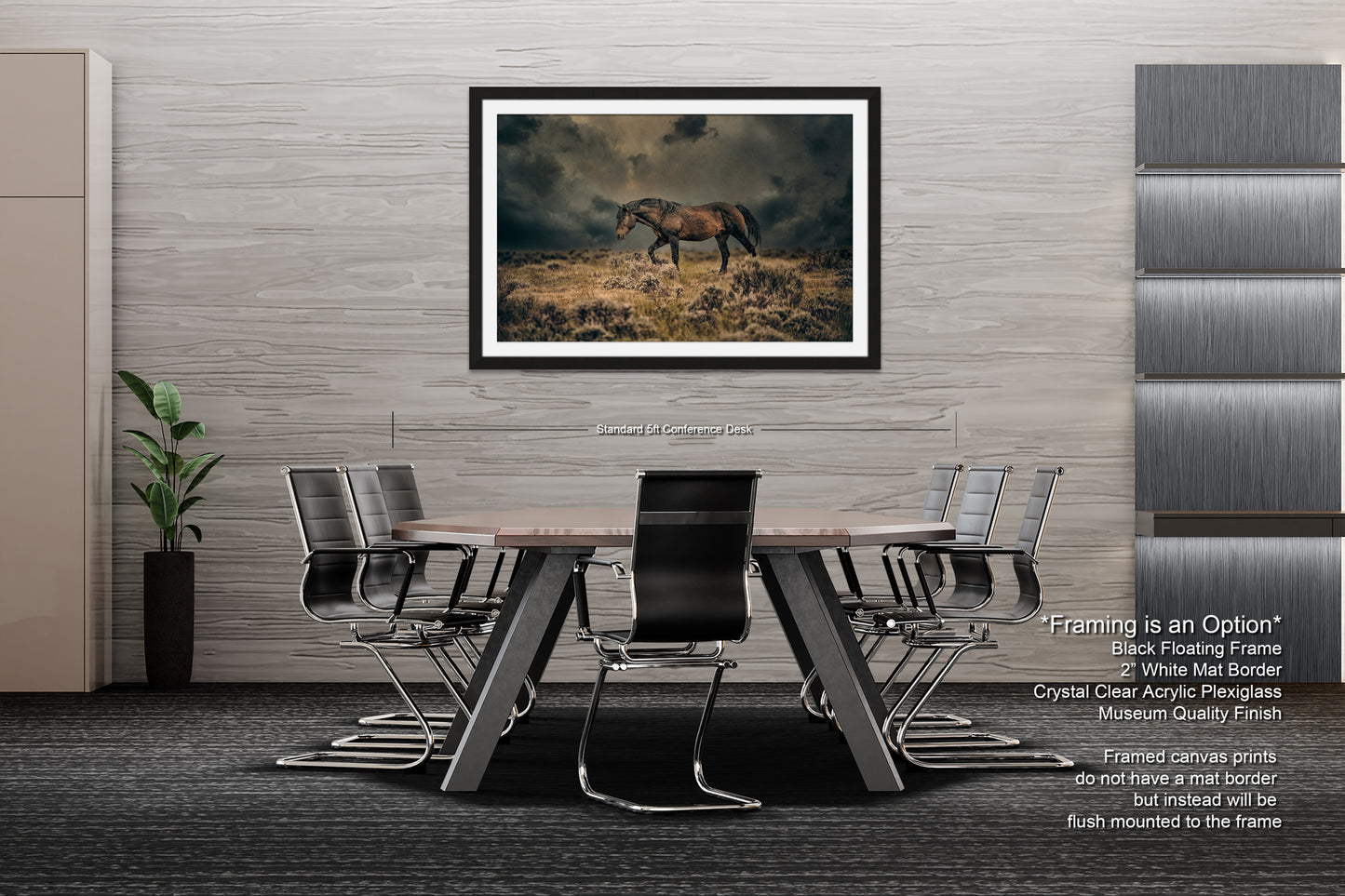 a picture of a horse on a wall above a table