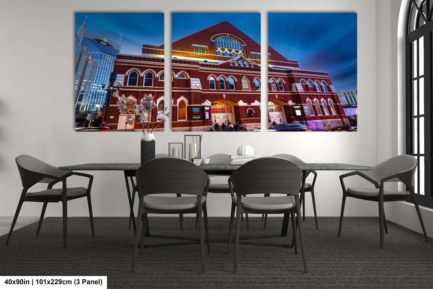a dining room with a table and four chairs