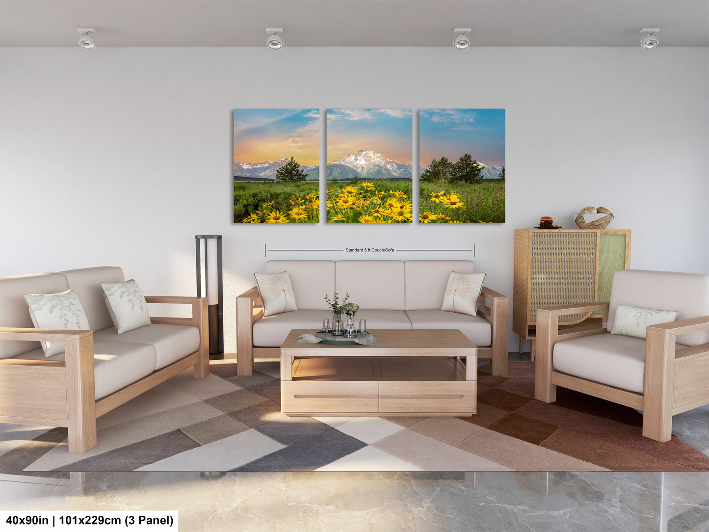 a living room filled with furniture and a painting on the wall