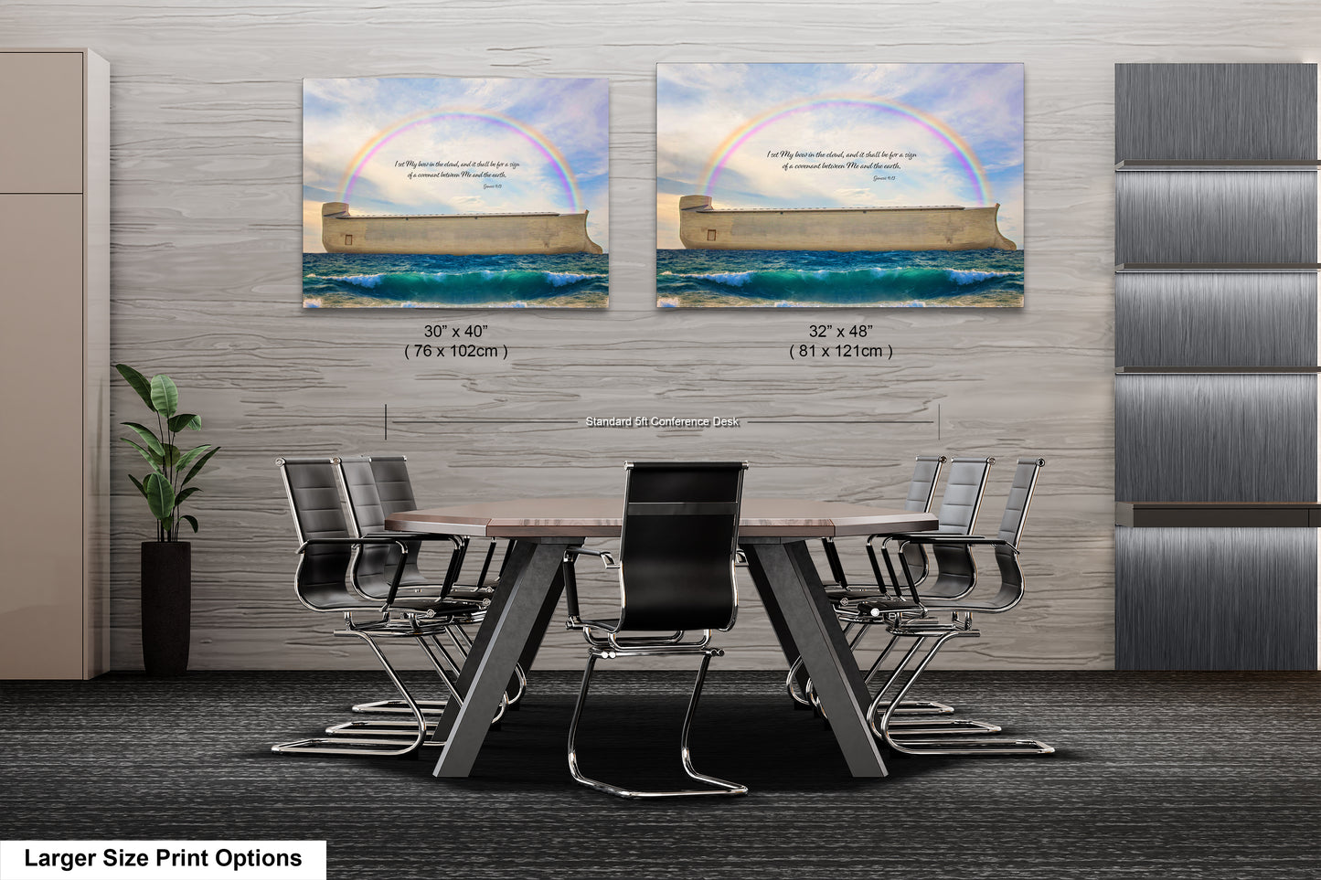 a room with a table and chairs and two pictures on the wall