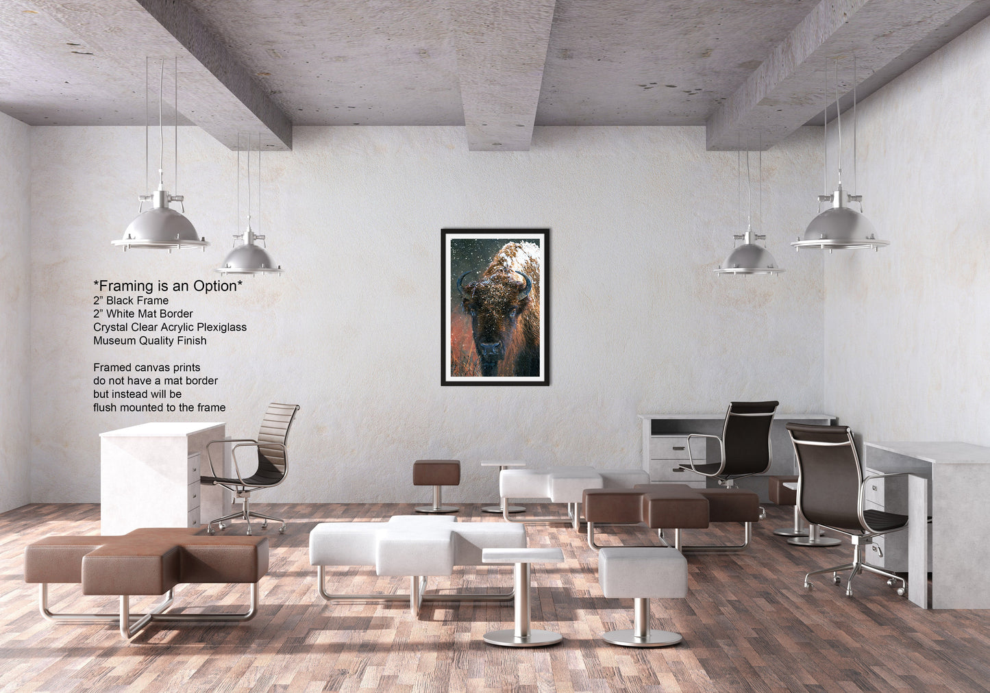 a room with a lot of chairs and a picture on the wall