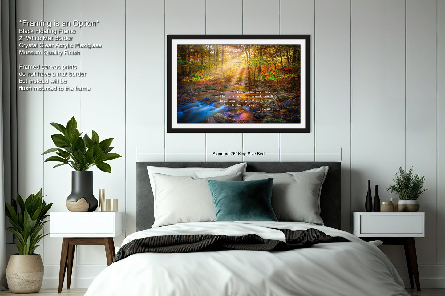 a bedroom with a large bed and a picture on the wall
