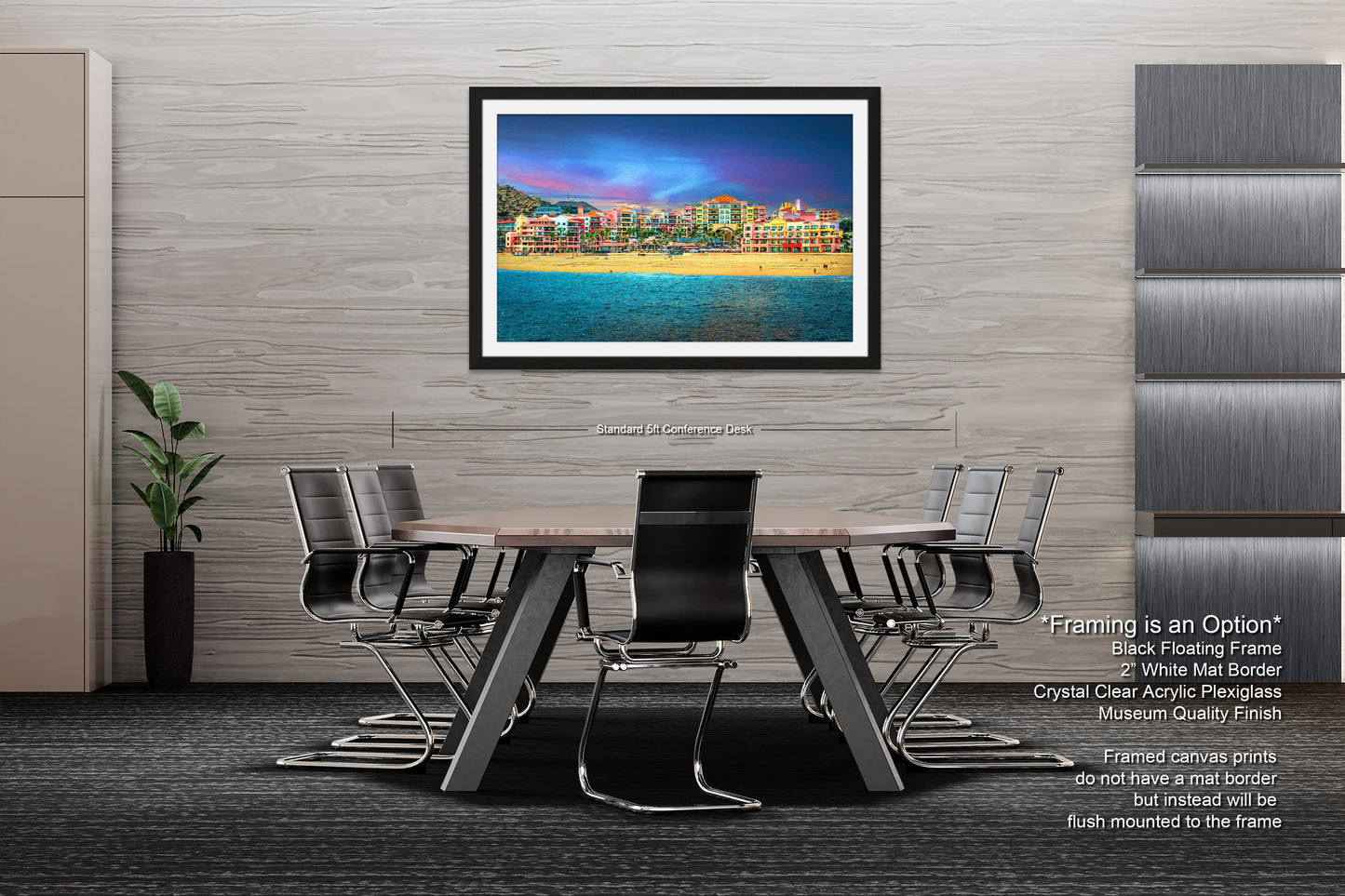 a dining room table with chairs and a picture hanging on the wall