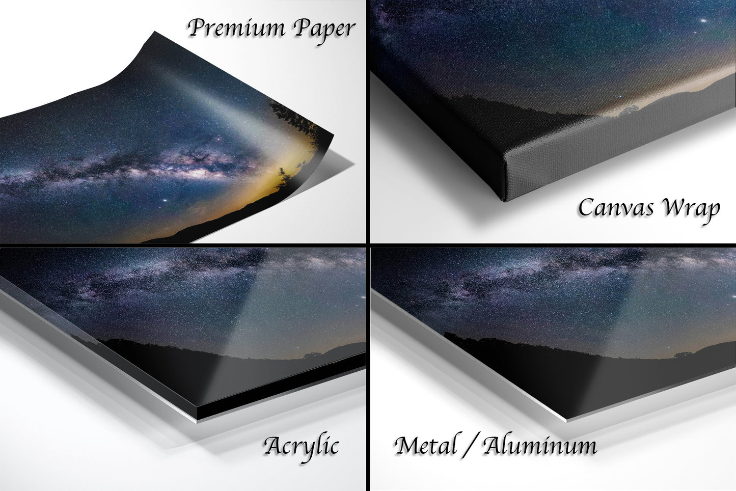 a series of four images of the night sky