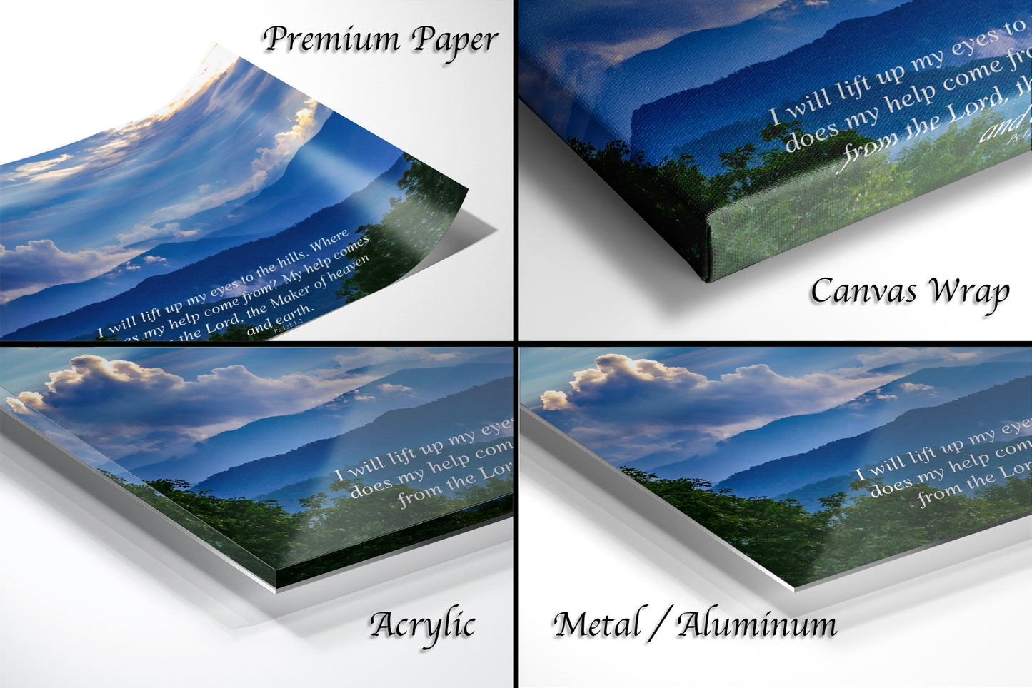a series of four photos of mountains and clouds