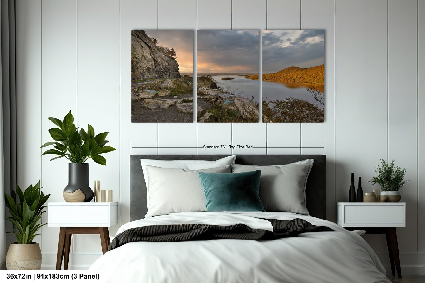 a bedroom scene with a bed and a wall hanging