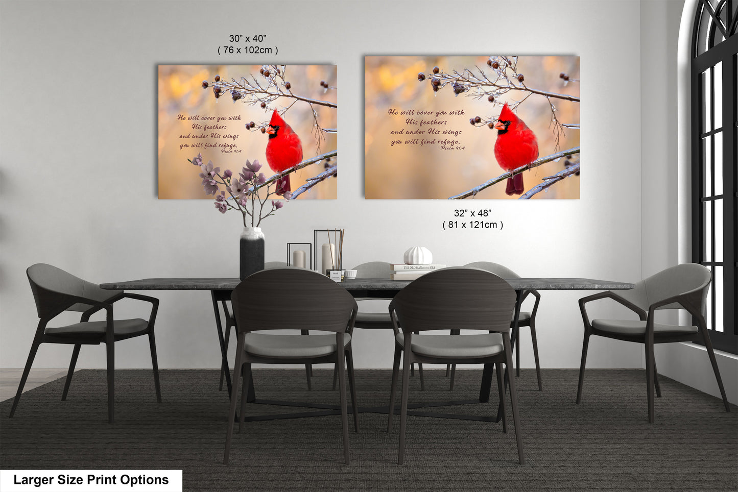 a dining room table with four chairs and a cardinal on it